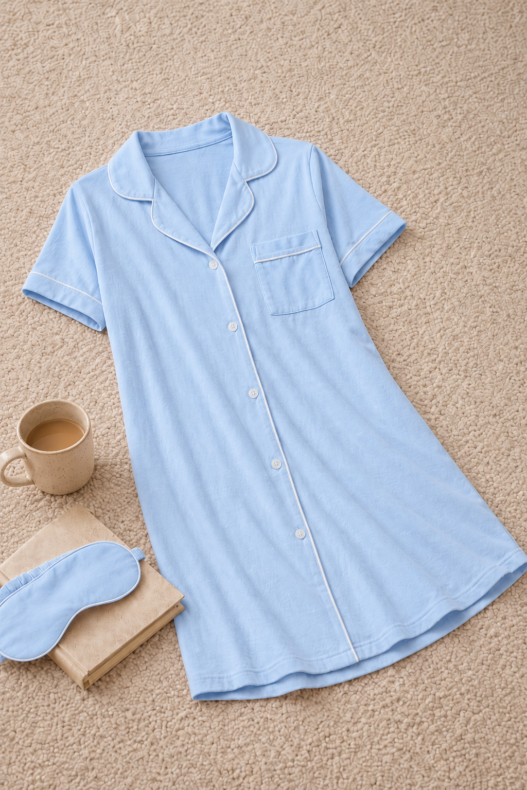 Cloud Blue Short Sleeve Cotton Night Dress