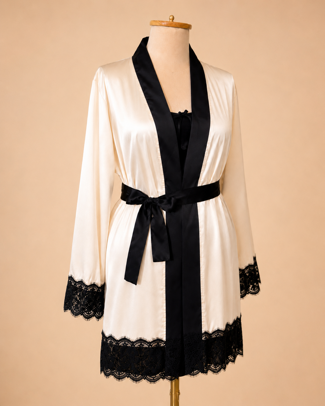 Ivory Noir Satin Robe Set