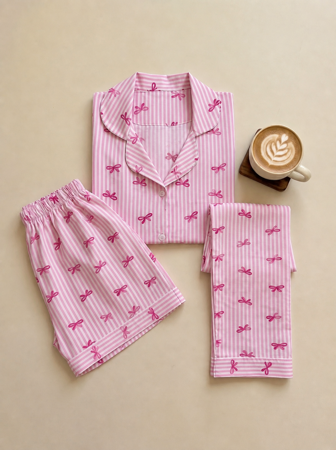 Blush Bow Cotton 3-Piece Pajama Set