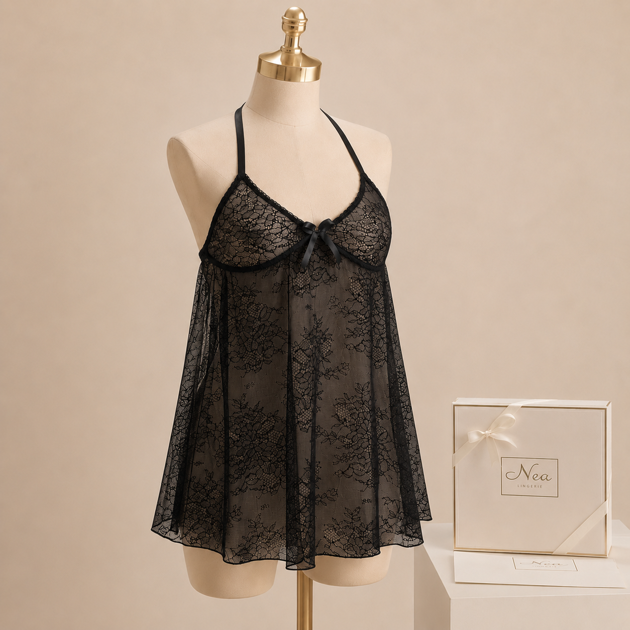 Black Lace Bow Nightdress