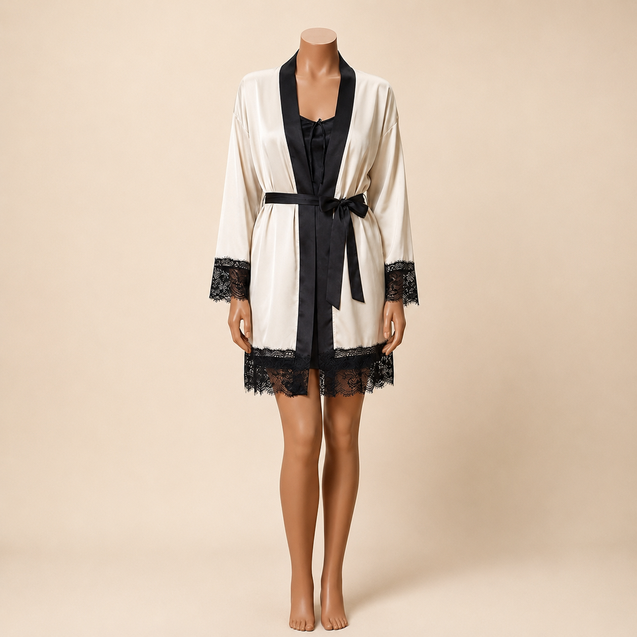 Ivory Noir Satin Robe Set