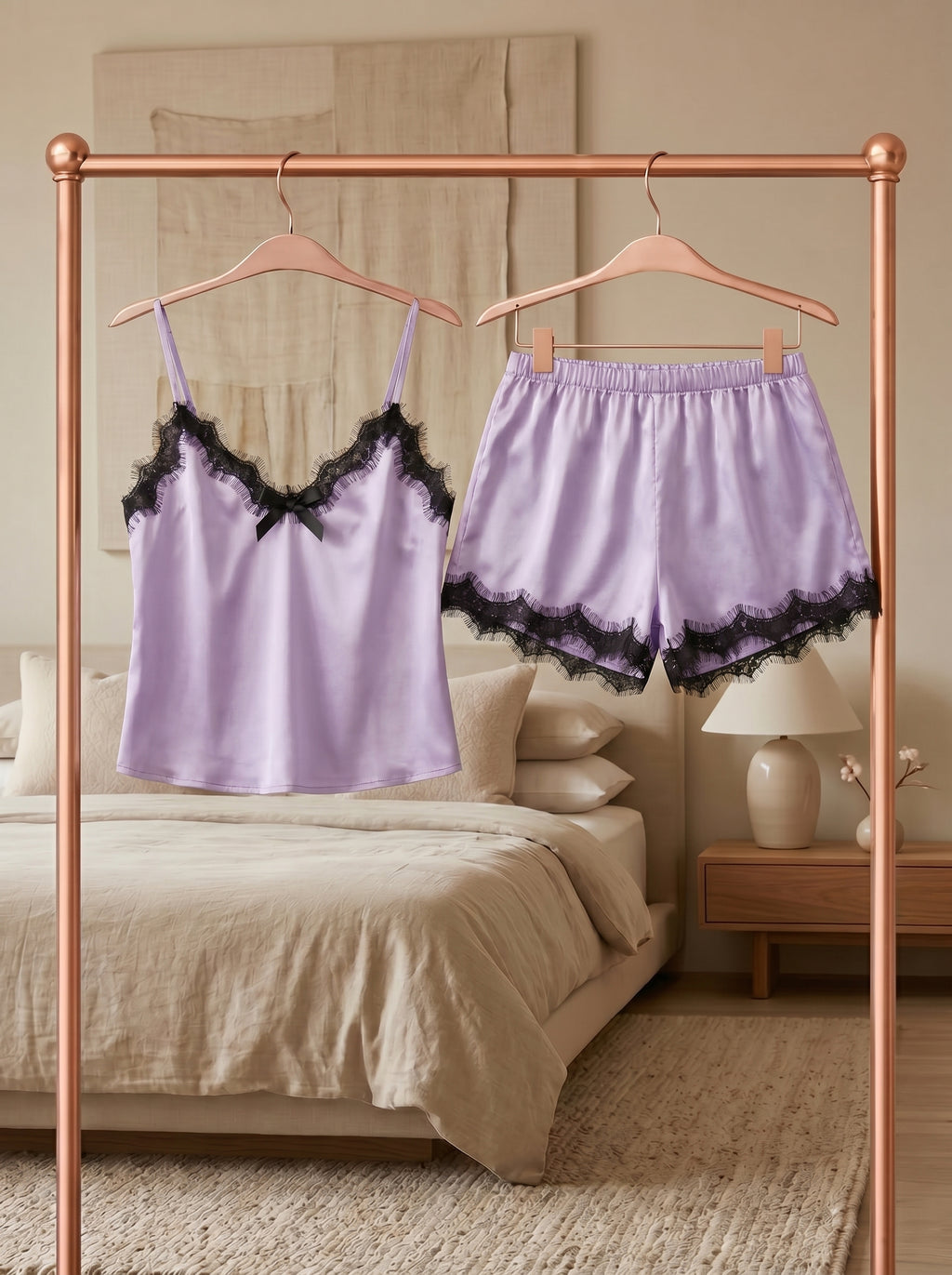 Lavender Lace Satin Shorts Set