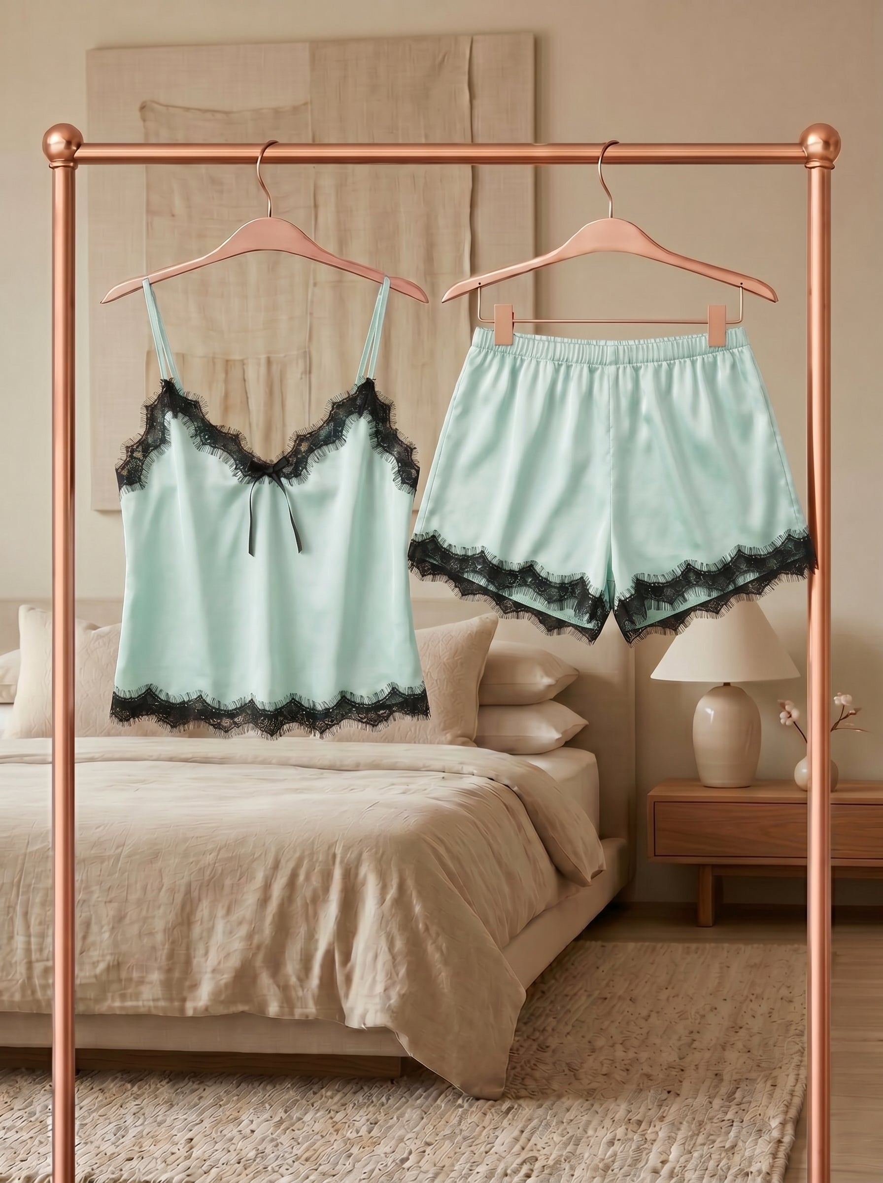 Mint Lace Satin Shorts Set