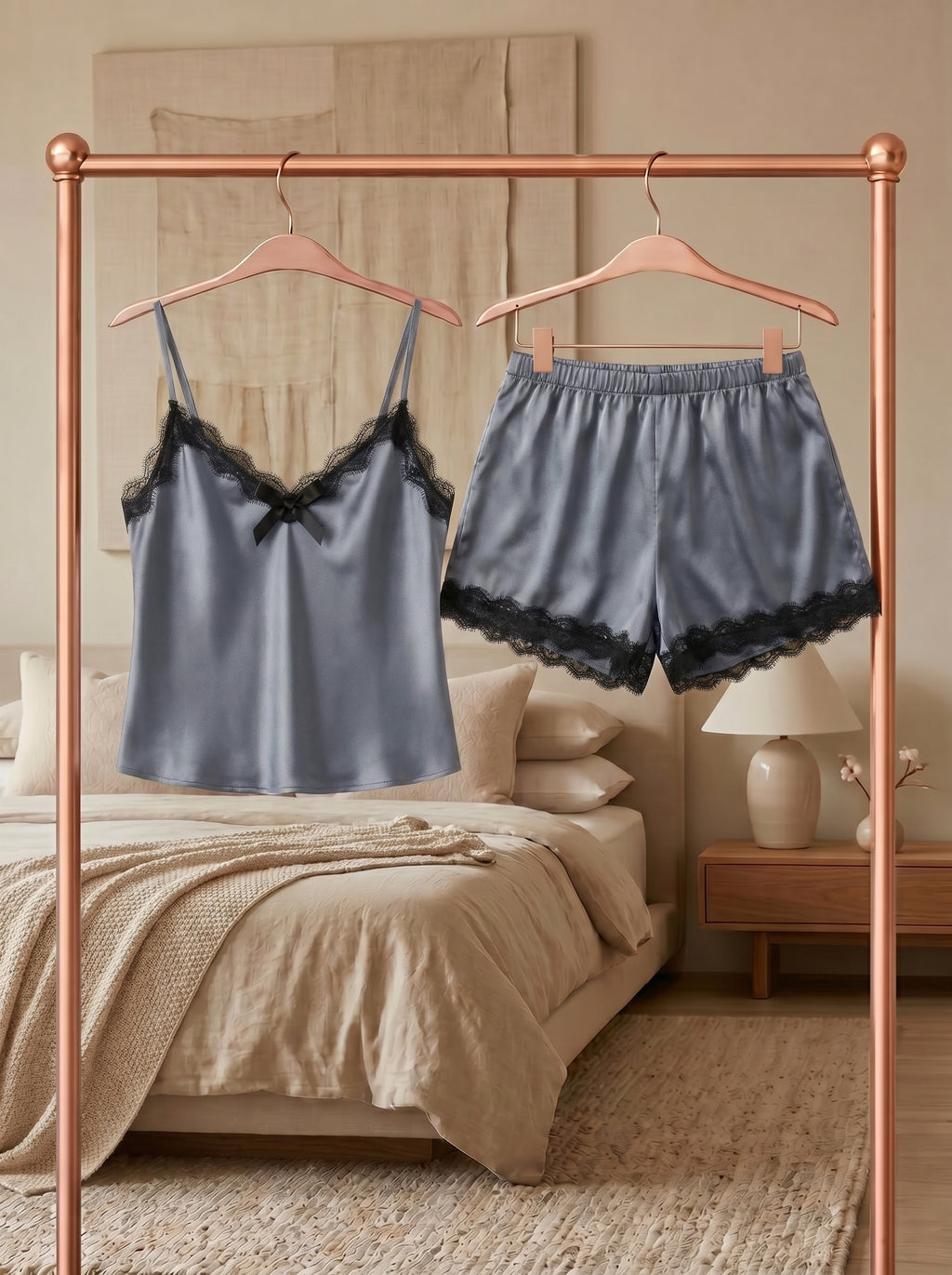 Dark Gray Lace Satin Shorts Set