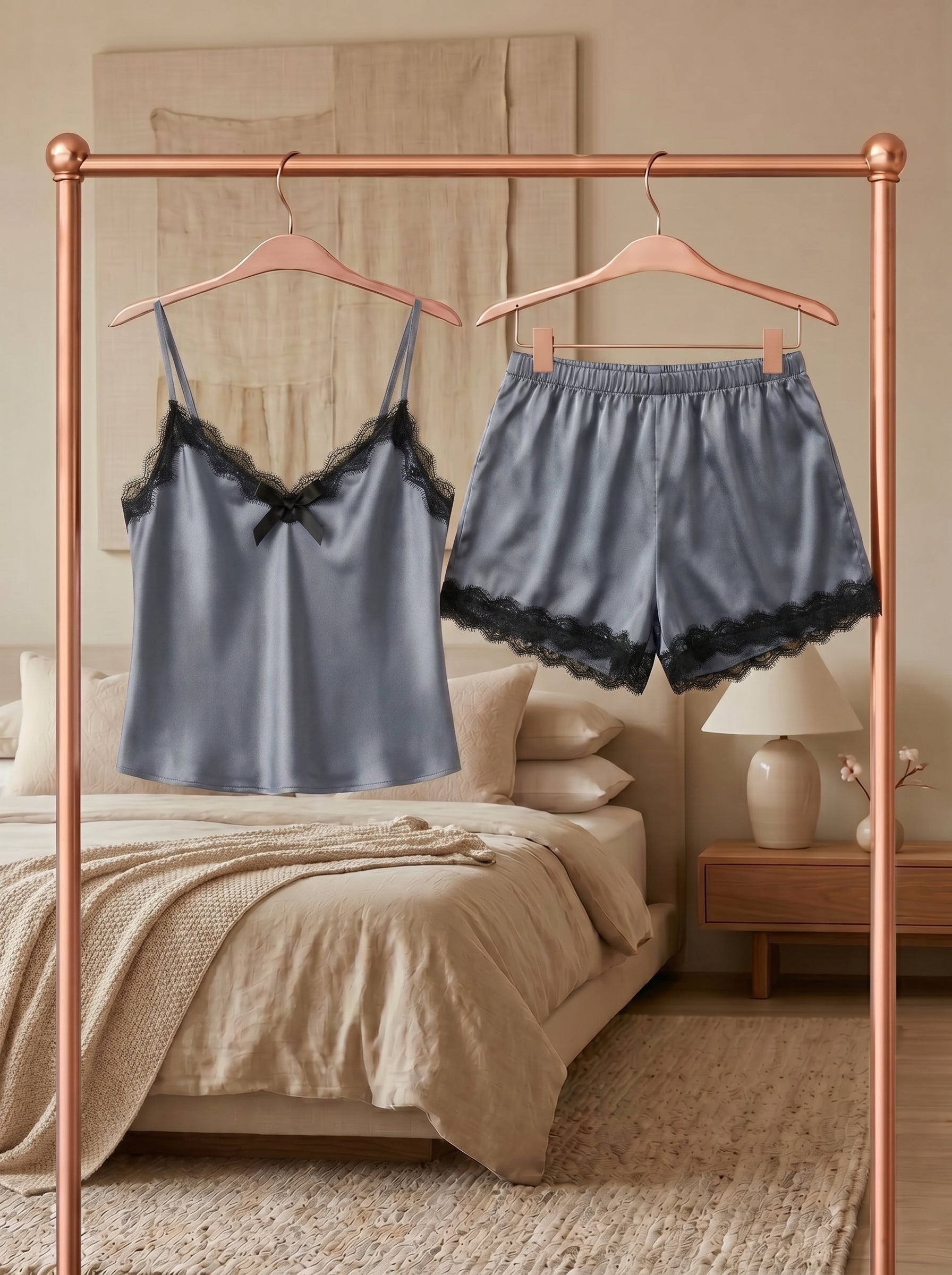 Dark Gray Lace Satin Shorts Set