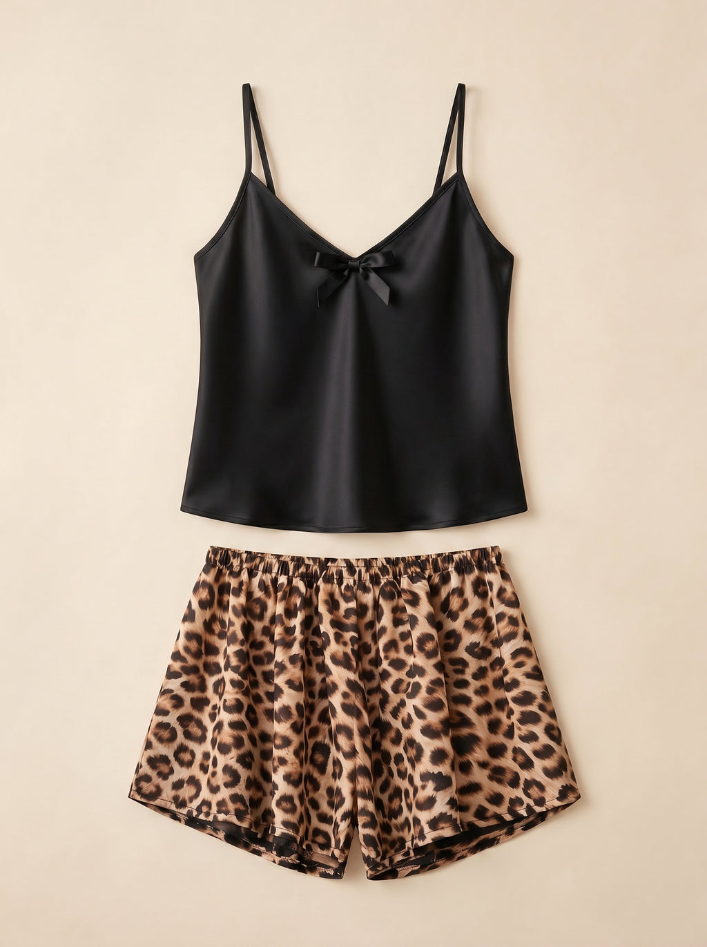 Black Leopard Satin Shorts Set
