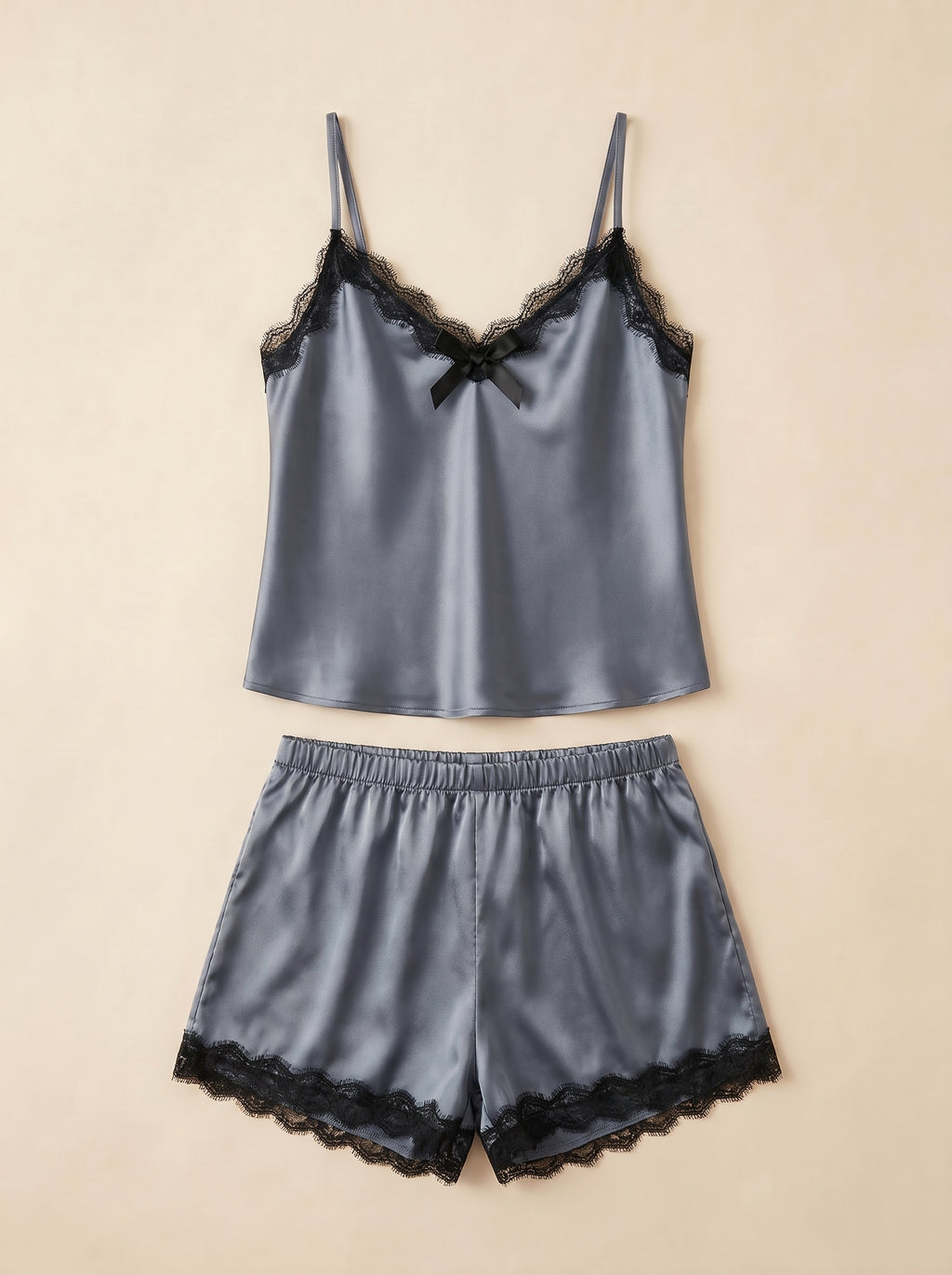 Dark Gray Lace Satin Shorts Set