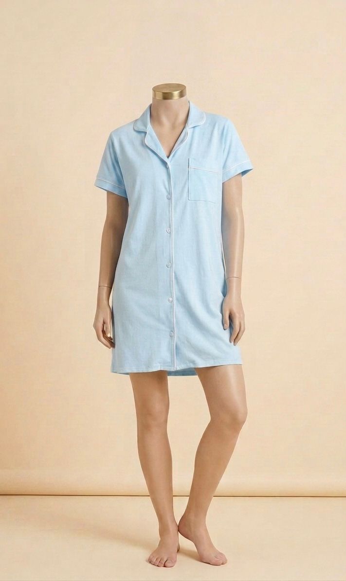 Cloud Blue Short Sleeve Cotton Night Dress
