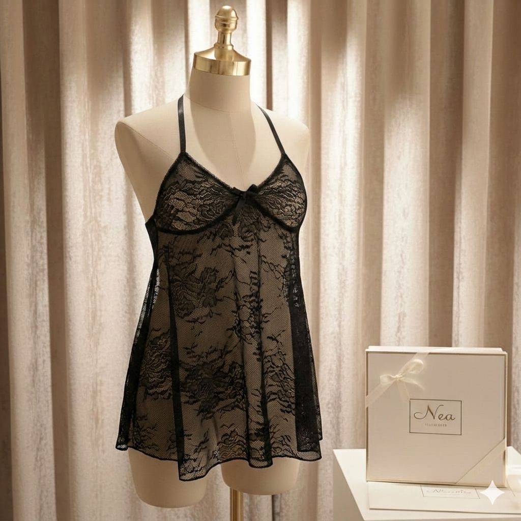 Black Lace Bow Nightdress