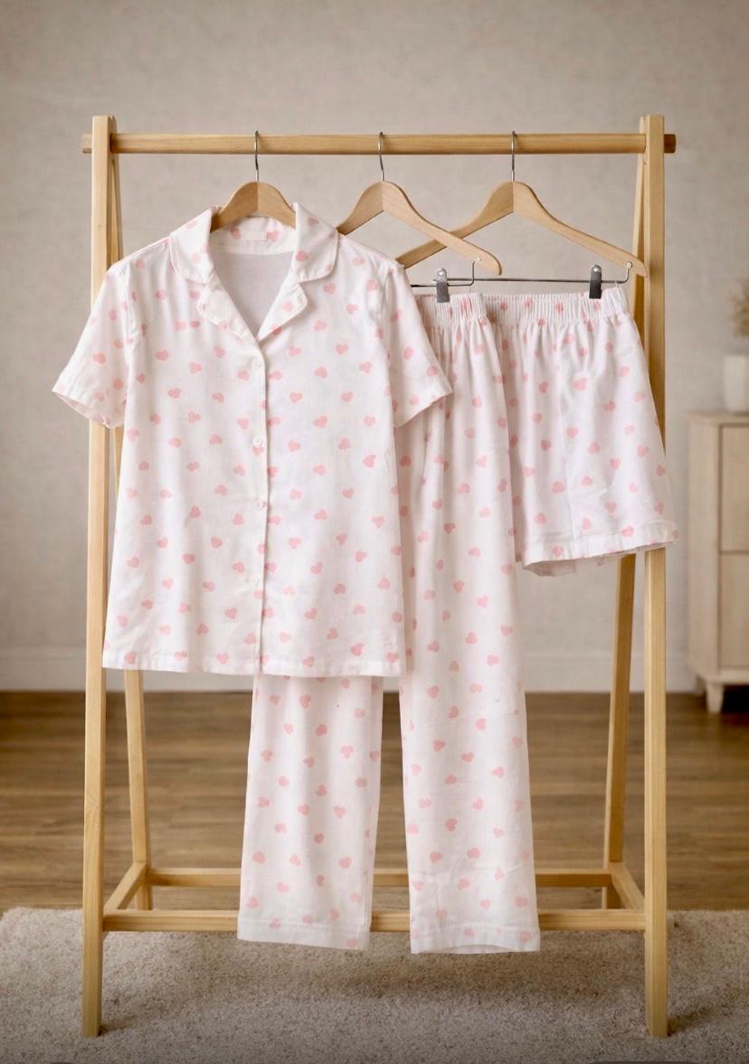 Blush Heart Cotton 3-Piece Pajama Set