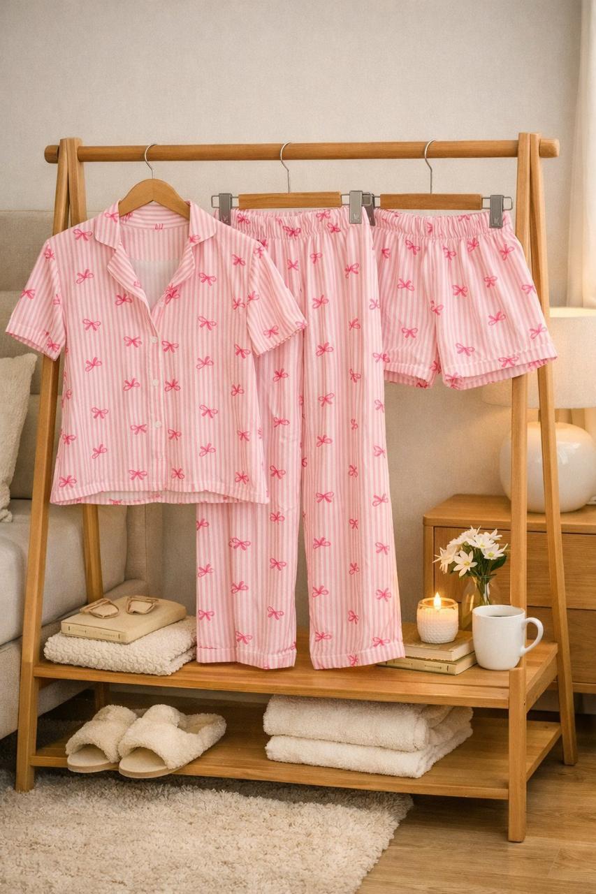 Blush Bow Cotton 3-Piece Pajama Set