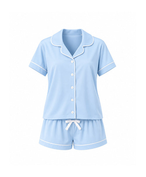 Baby Blue Button-Up Pajama Shorts Set – full front view