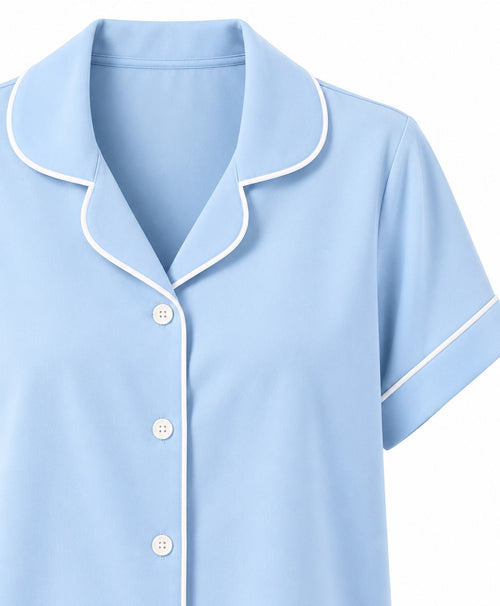 Baby Blue Button-Up Pajama Shorts Set – top and neckline detail