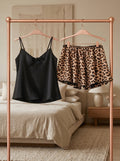 Black Leopard Satin Shorts Set