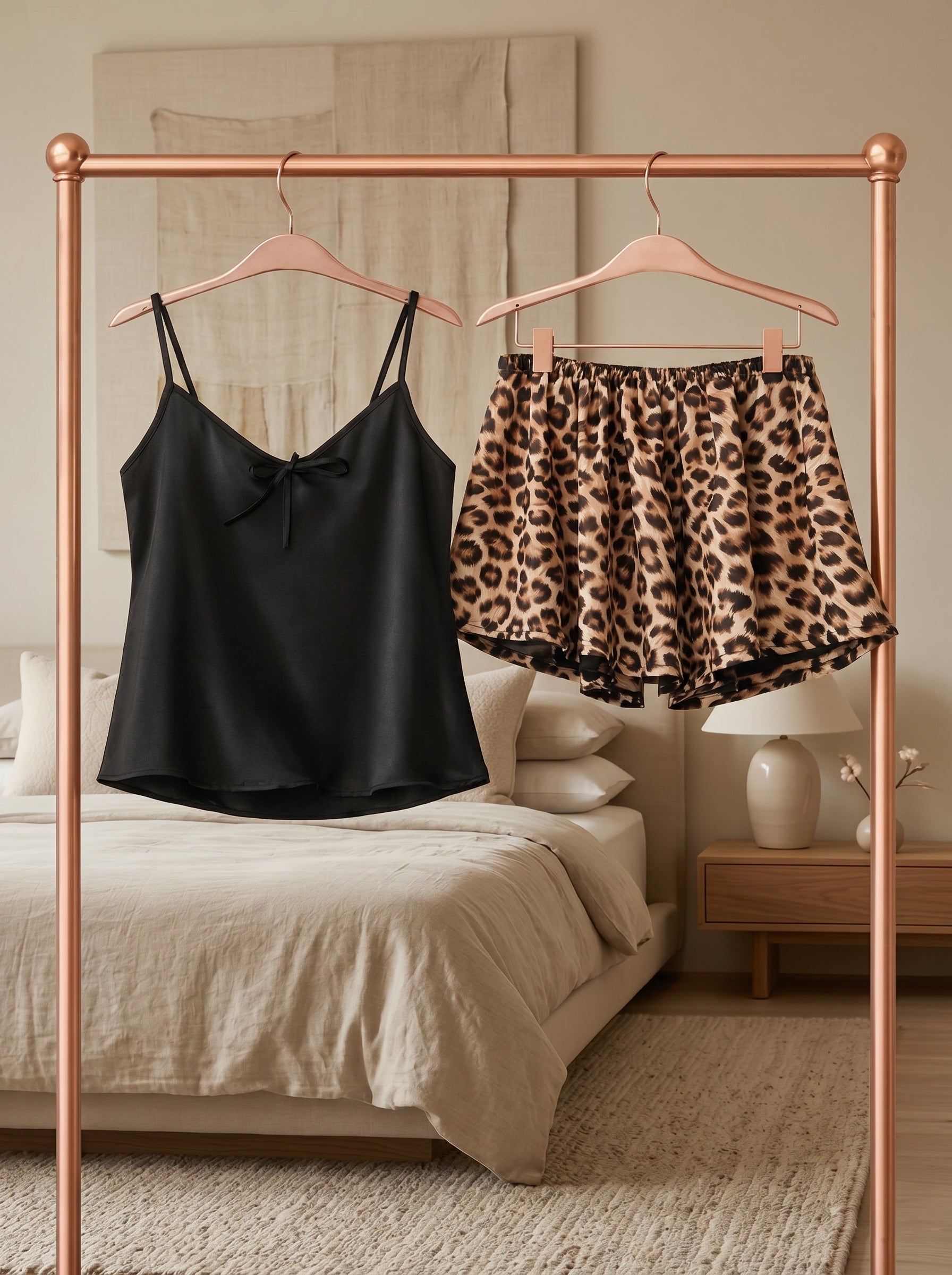 Black Leopard Satin Shorts Set