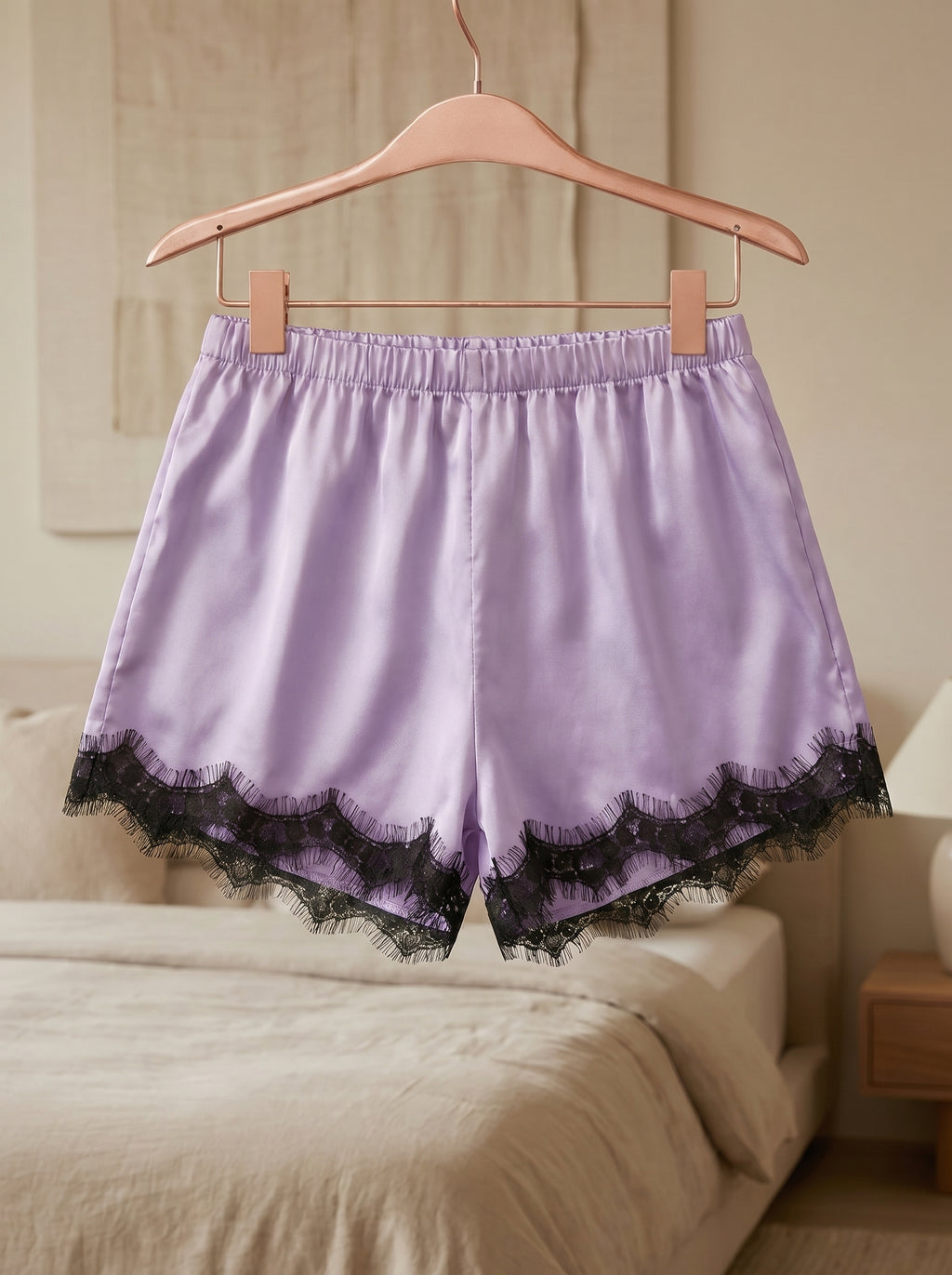 Lavender Lace Satin Shorts Set