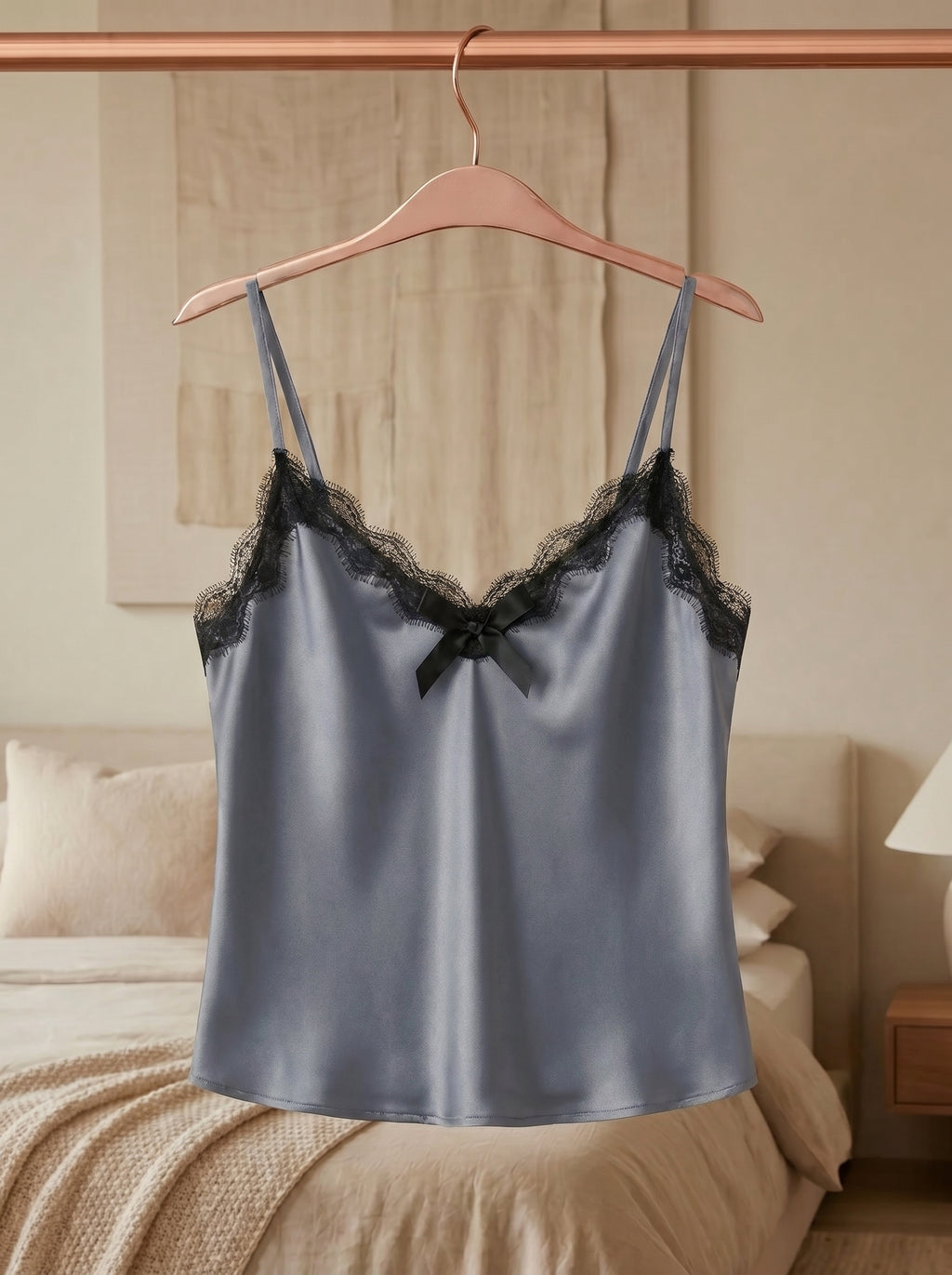 Dark Gray Lace Satin Shorts Set